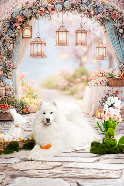 studio photo paques fleurs printemps chien